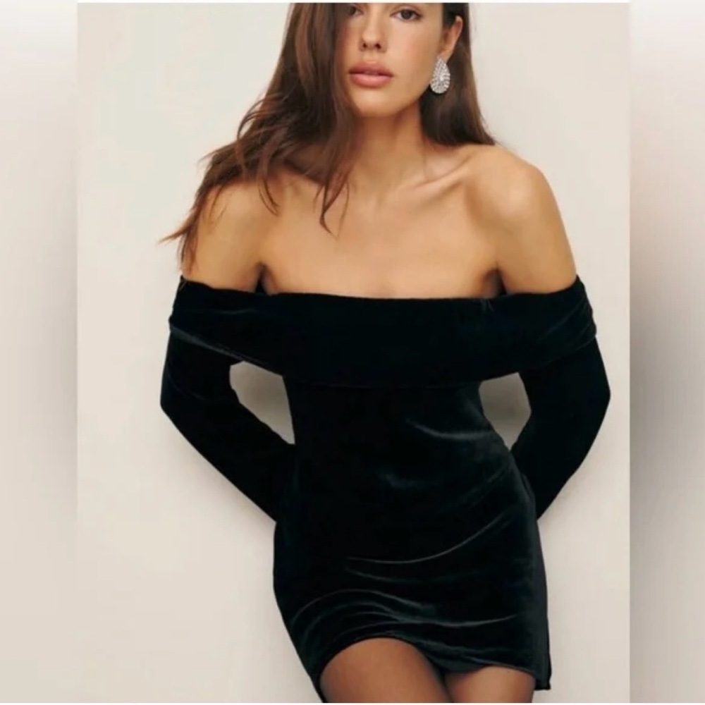 Reformation Black Velvet Off-Shoulder Dress